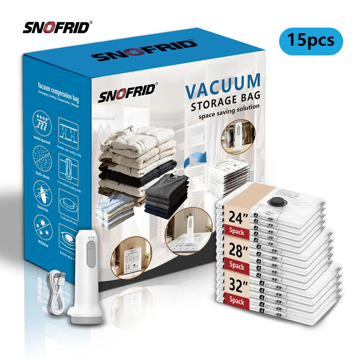 Snofrid Cordless Travel Vacuum Storage Compression Bag Set – 15-Pack in 3 Sizes – USB Rechargeable Handheld Pump with Built-In Battery – Waterproof & Reusable Space Saver for Clothes & Packing, Perfect for Carry-On Suitcases