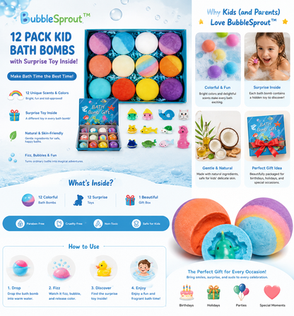 BubbleSprout™ 12-Pack Kid Bath Bombs with Surprise Toys – Natural, Fun, Colorful, and Safe Bubble Spa Gift Set for Children